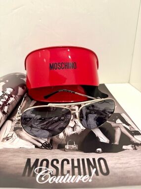 Moschino Silver Metal Aviator Sunglasses with Red Logo Case